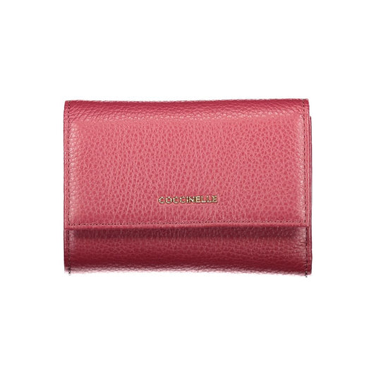 Alt Tag: Coccinelle Purple Leather Women Wallet with iconic logo, crafted in Italy, featuring multiple compartments and secure closure.