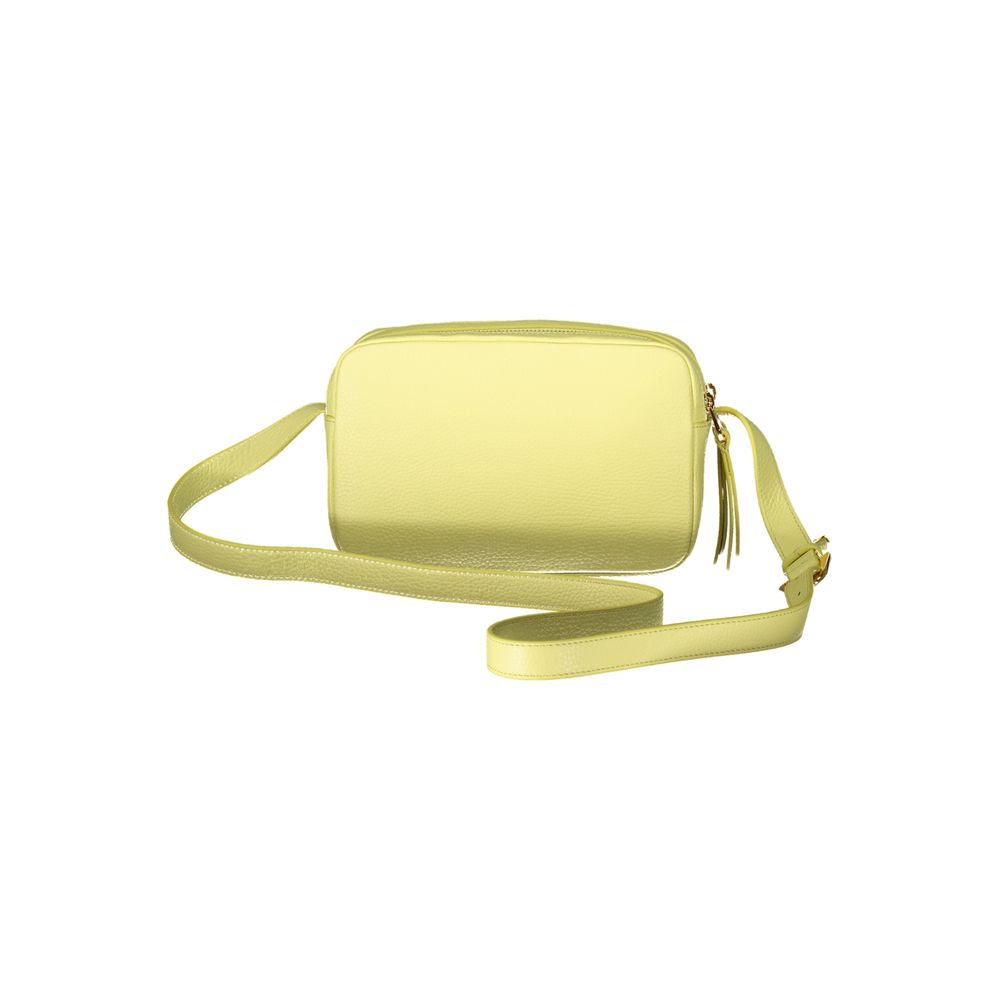 Coccinelle Yellow Leather Handbag with adjustable shoulder strap, two compartments, and zip closure displayed on a white background.