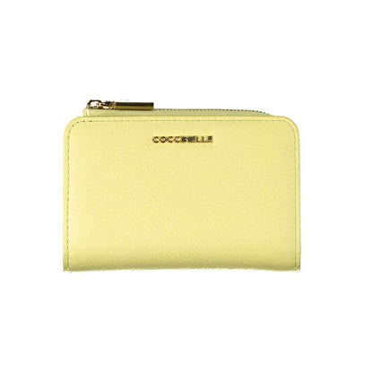 Coccinelle Yellow Leather Wallet with double card spaces, coin purse, zip, automatic closure, and logo detail.