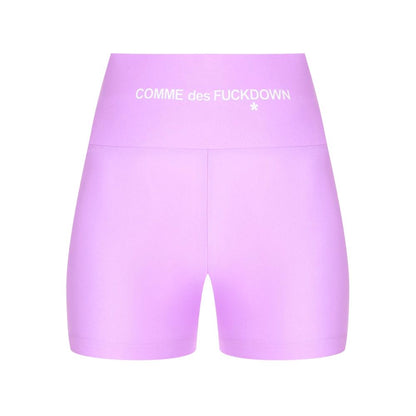 Comme Des Fuckdown Purple Polyester Short with front logo print in stretch lycra, ideal for fashion and comfort.