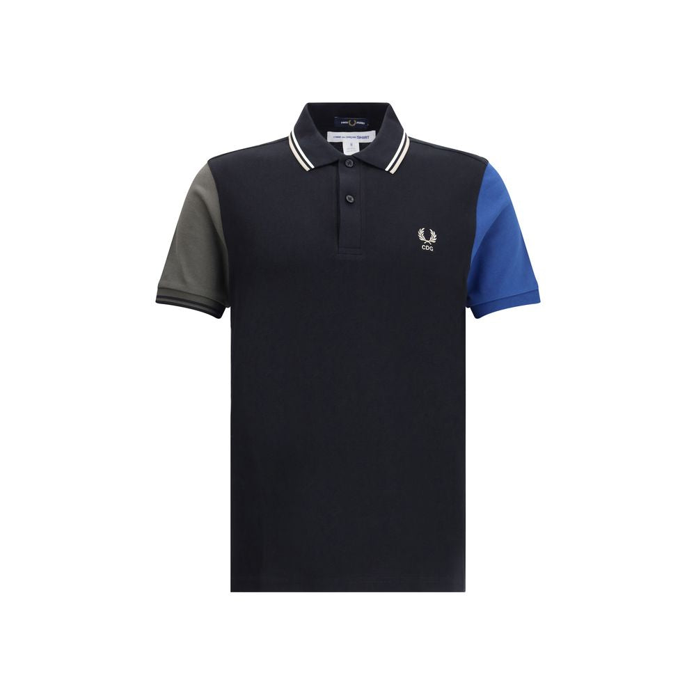 Comme Des Garçons Black Cotton Polo Shirt with green and blue sleeves, avant-garde design, crafted from high-quality fabric.
