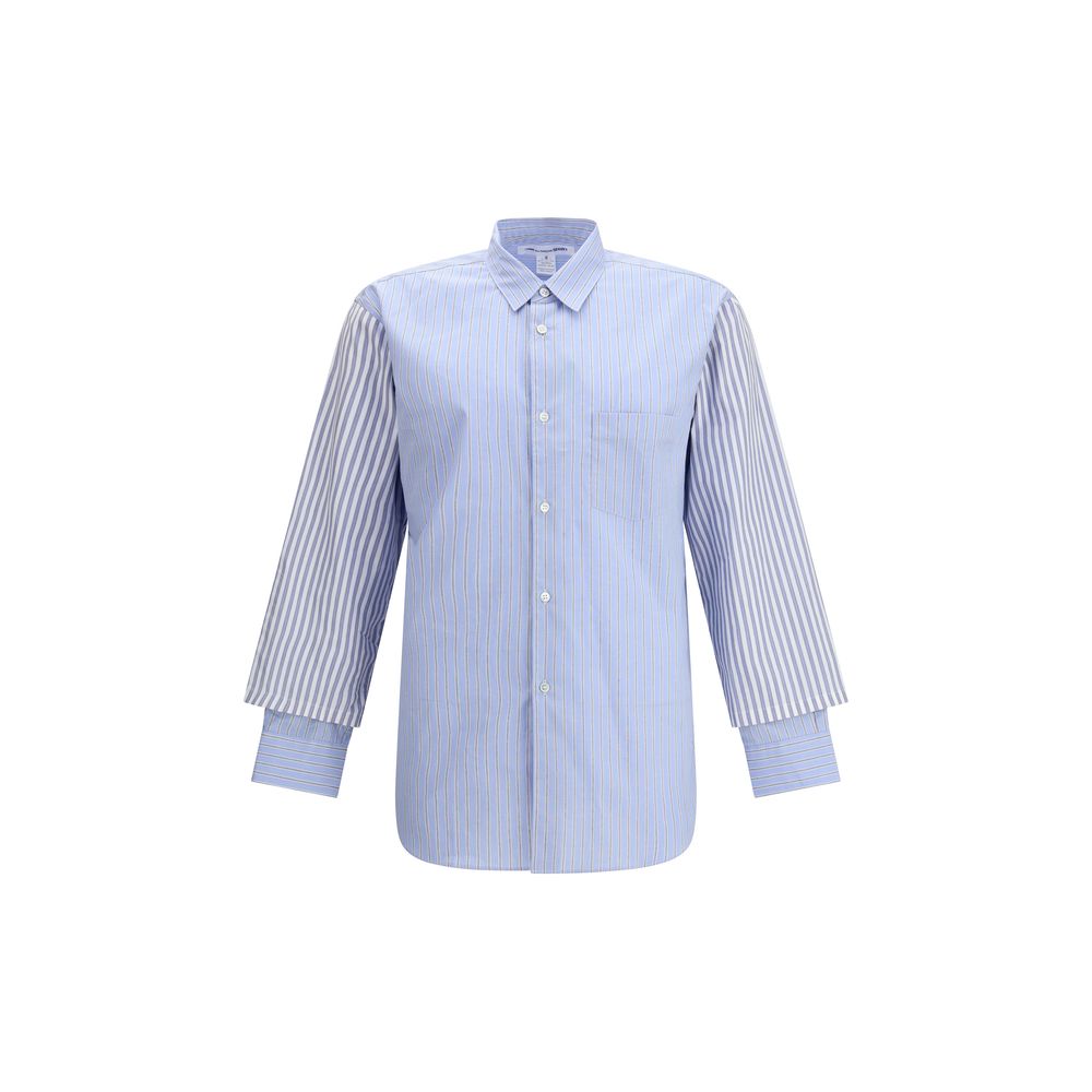 Comme Des Garçons Light Blue Cotton Pattern Shirt with subtle stripes and double cuffs, avant-garde design with a modern, elegant style.