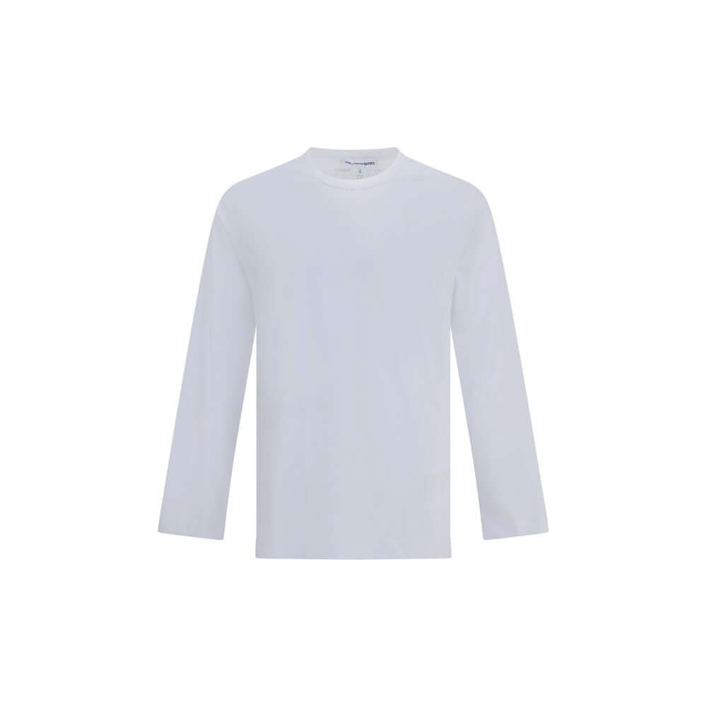 Comme Des Garçons White Cotton Long Sleeve T-Shirt with a classic crew neck and printed logo, perfect for contemporary casual style.