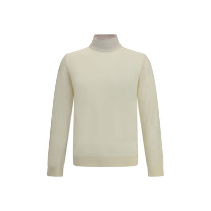 Cruna Cream Wool Turtleneck sweater with ribbed collar and cuffs, ideal for winter elegance and comfort, 100% wool, AW25 collection.