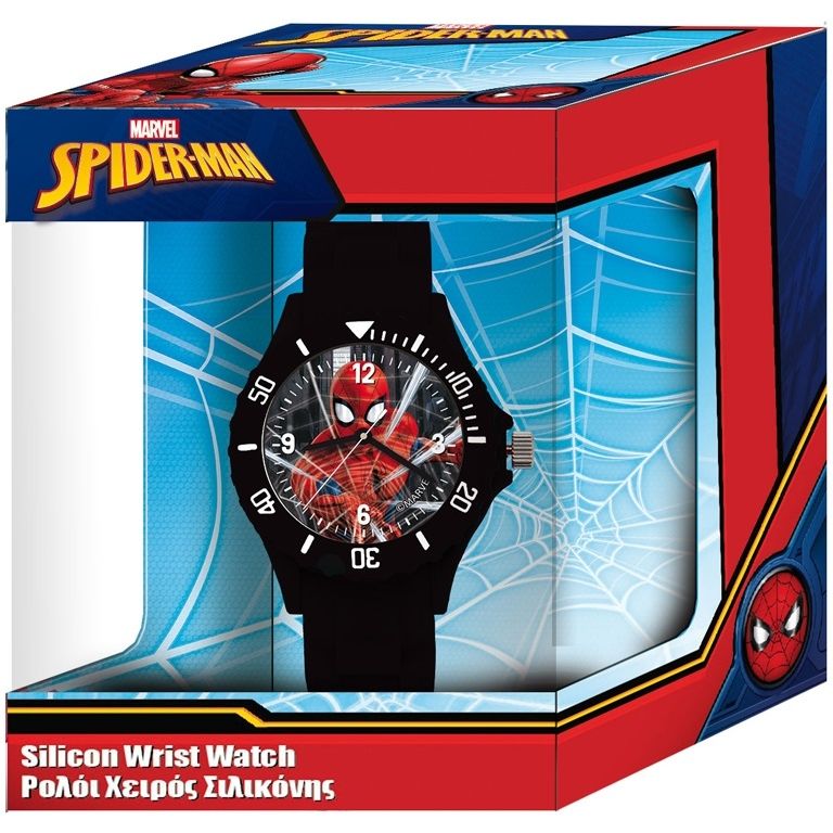 Spider-Man themed silicon wrist watch in official packaging with web design.