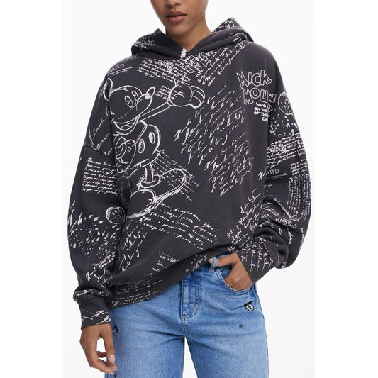 Desigual Black Cotton Women Hoodie featuring vintage Mickey letters print, long sleeves, cozy pockets, and stylish design.