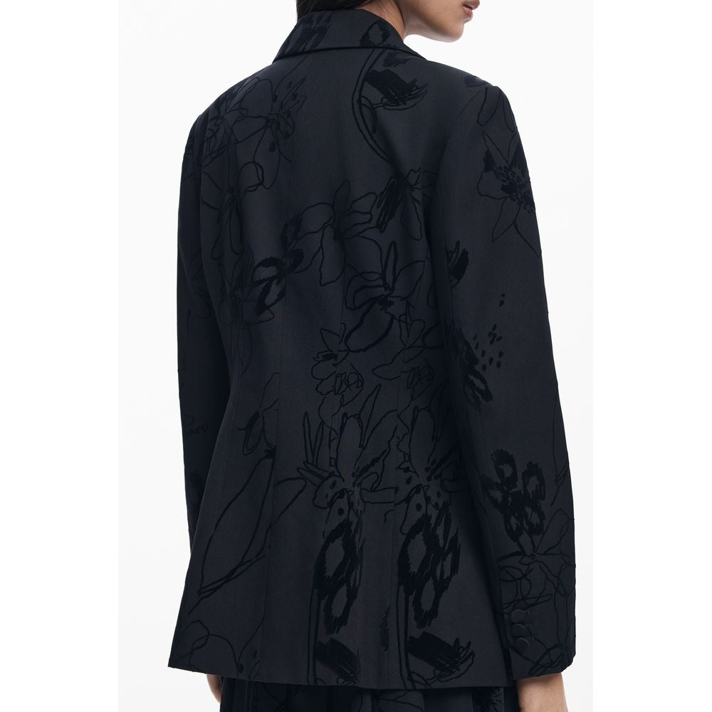 Alt Tag: Back view of Desigual Black Polyester Women Jacket with floral patterns and a V-neck design, showcasing trendy style and functionality.