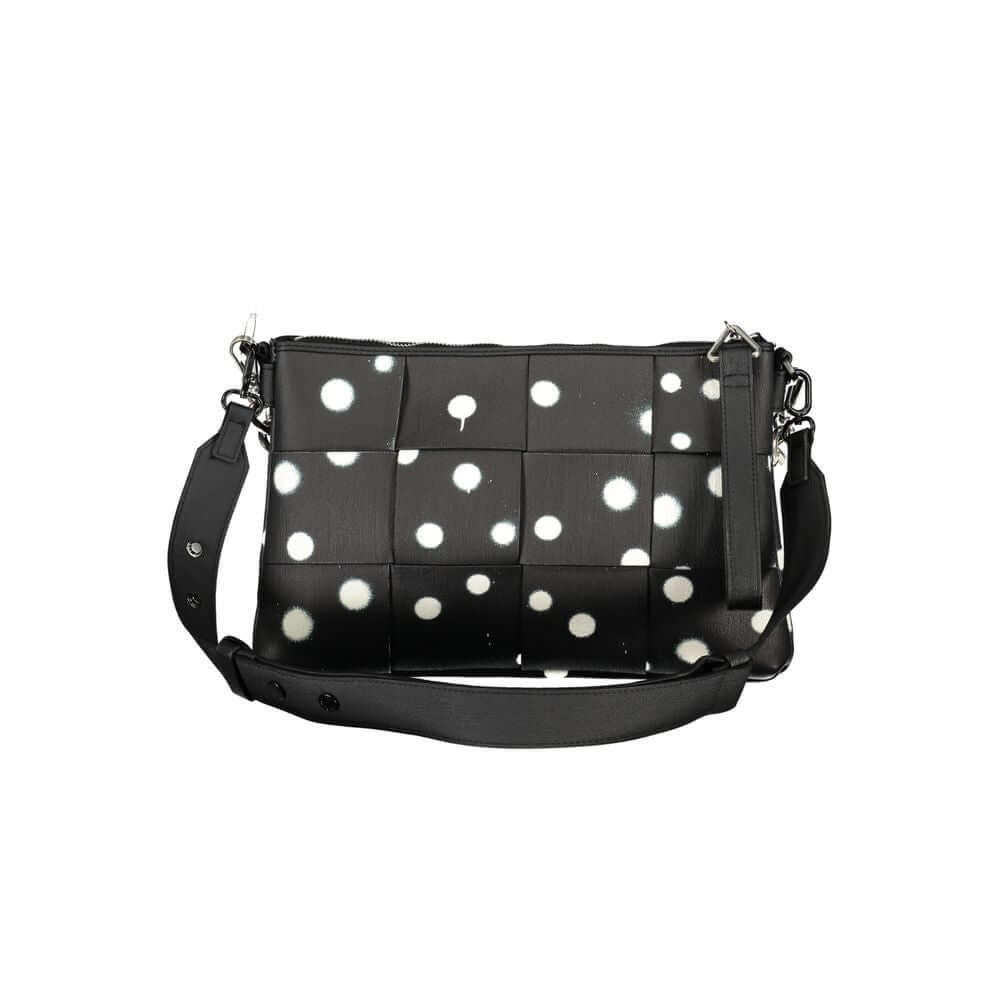 Alt Tag: Desigual Black Polyethylene Handbag with polka dot design, removable chain shoulder handle, adjustable strap, multiple pockets.