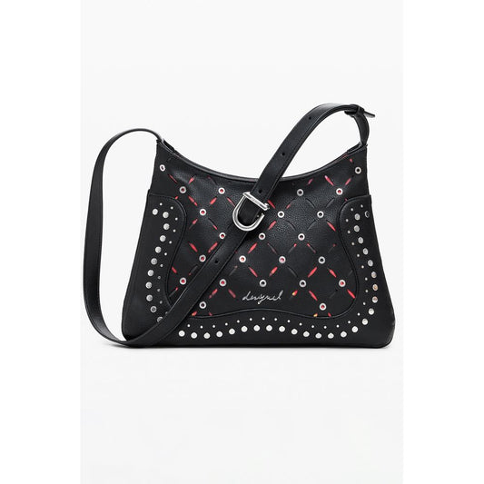 Desigual Black Polyethylene Women Handbag with edgy studded design and adjustable strap.