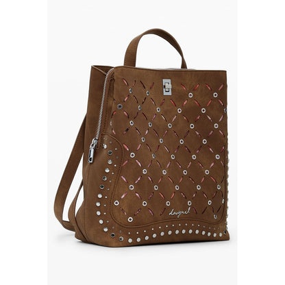 Desigual Brown Polyethylene Women Backpack with studded details and multiple compartments for fashion-forward individuals.