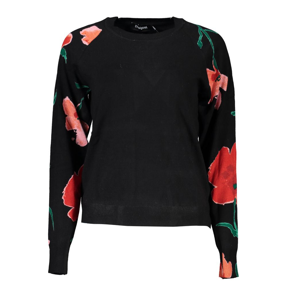 Desigual Chic Contrast Crew Neck Sweater with signature floral print and vibrant design on a black background.