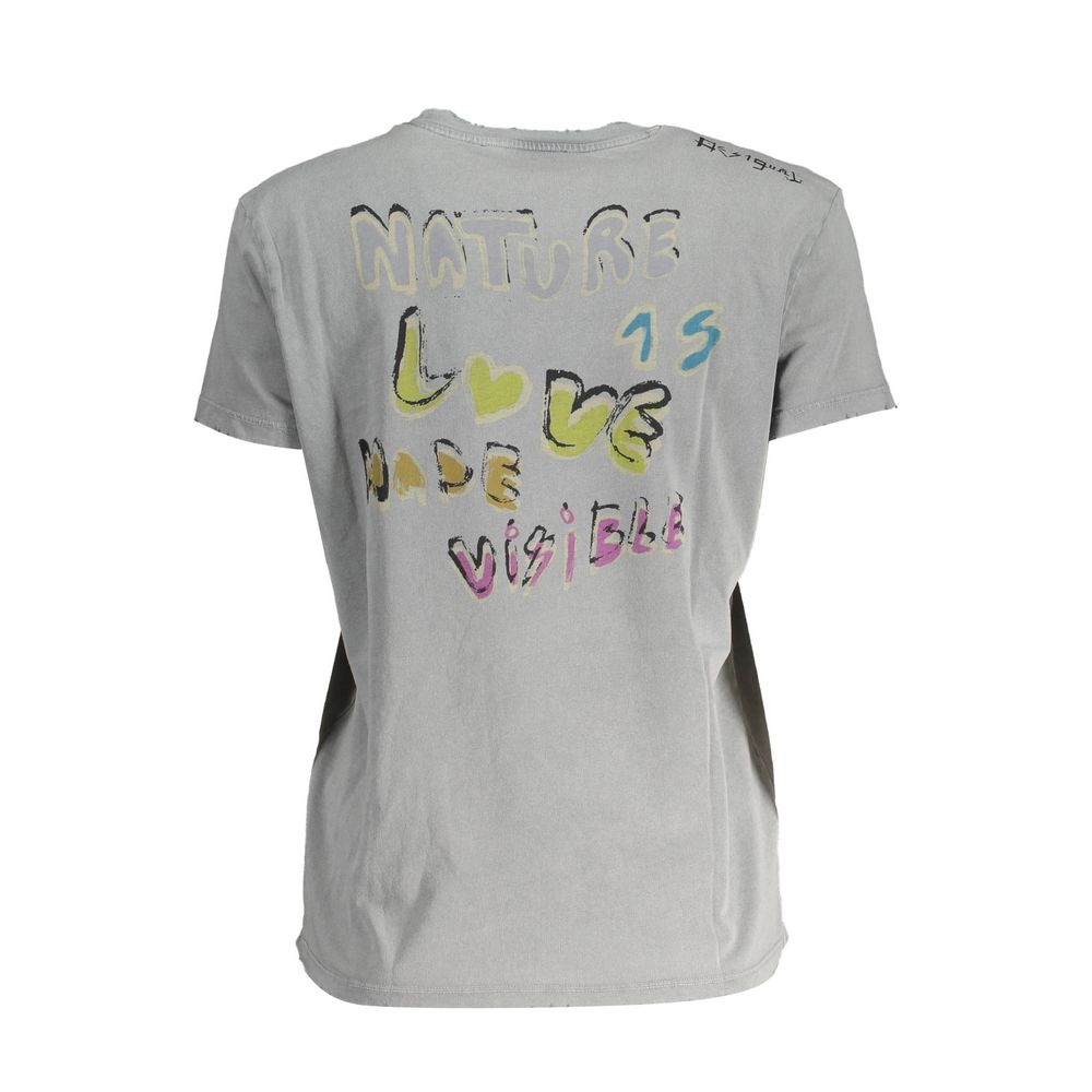 Desigual Gray Cotton Women T-Shirt with colorful back print and short sleeves