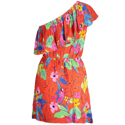 Desigual Red Viscose Women Dress with vibrant floral pattern, one-shoulder style, and elastic waist for a chic evening look.
