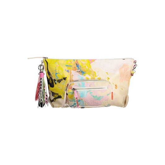 Desigual White Polyester Women Handbag with colorful abstract design and tassel accents, featuring versatile straps and secure compartments.