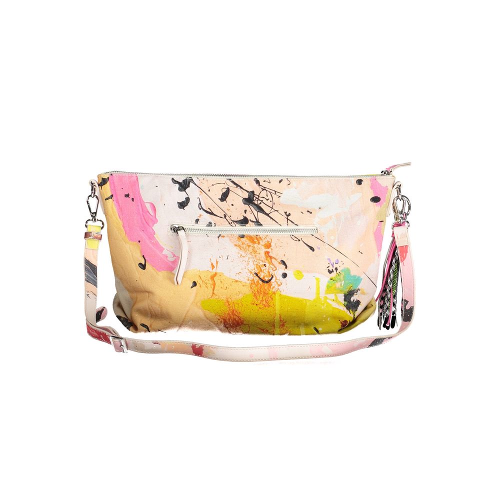 Desigual White Polyester Women Handbag with colorful splashes, adjustable strap, and external zipper pocket for secure storage.