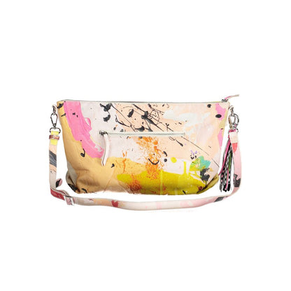 Desigual White Polyester Women Handbag with colorful splashes, adjustable strap, and external zipper pocket for secure storage.