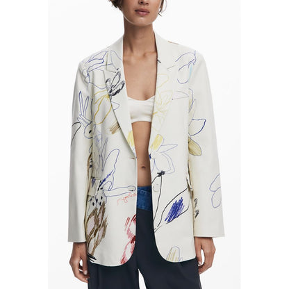 Desigual White Polyester Women Jacket with arty vibes and contrasting floral details, chic and practical with logo detailing.