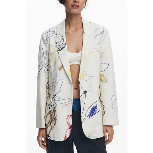 Desigual White Polyester Women Jacket with arty vibes and contrasting floral details, chic and practical with logo detailing.