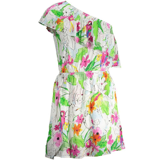 Desigual White Viscose Women Dress with floral print, one-shoulder design, and elastic waist for trendy elegance.