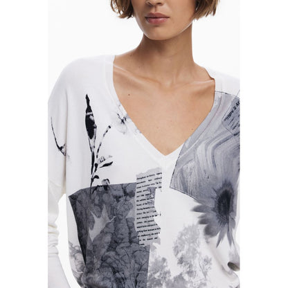 Desigual White Viscose Women Sweater with V-neck and bold patterns