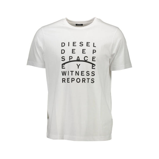 Diesel White Cotton Men T-Shirt with bold print and iconic logo, showcasing casual style and comfort for the modern wardrobe.