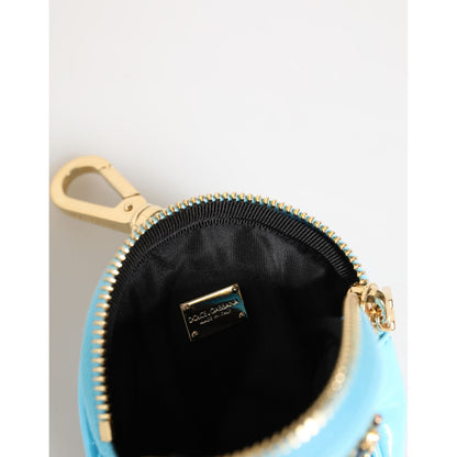 Dolce & Gabbana Azure Blue Leather Round Coin Purse Keychain Crystal Logo Wallet
