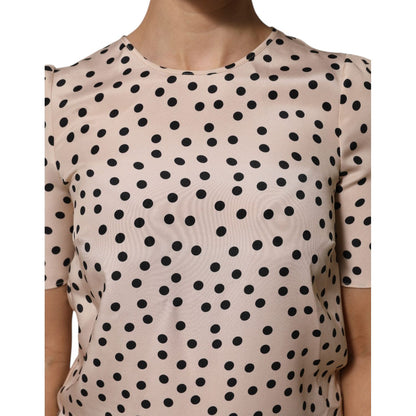 Dolce & Gabbana Beige Black Polka Dot Silk Short Sleeve Blouse Top