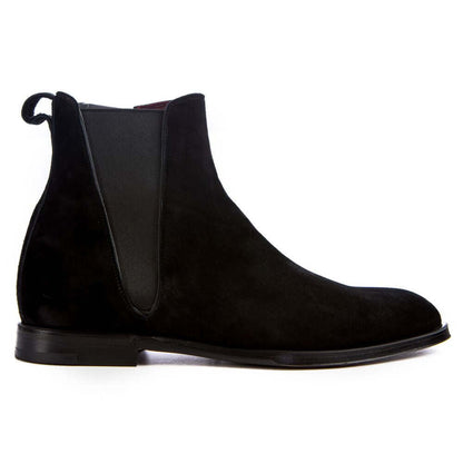 Dolce & Gabbana Black Calfskin Men Ankle Boot with suede finish and red leather interior, showcasing elegant Italian craftsmanship.