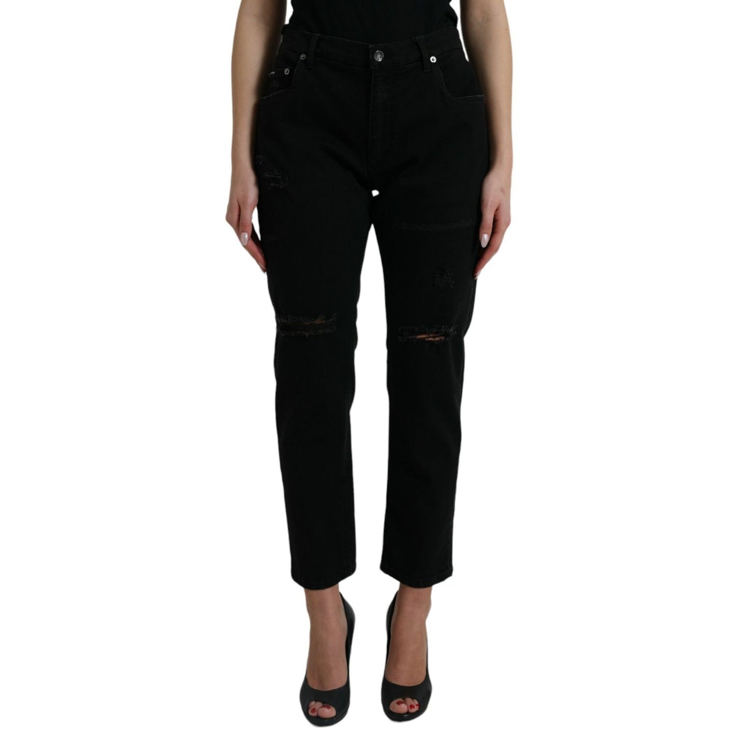 Dolce & Gabbana Black Cotton High Waist Tattered Denim Jeans