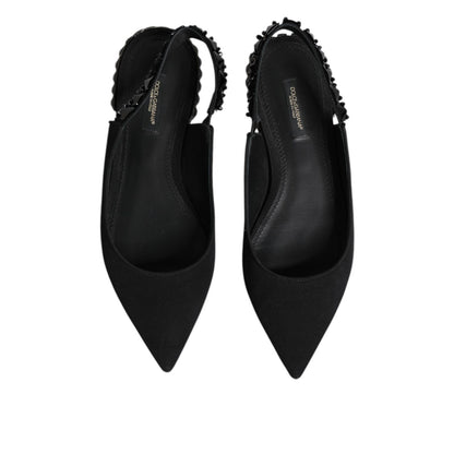 Dolce & Gabbana Black Crystal Charmeuse Slingback Shoes