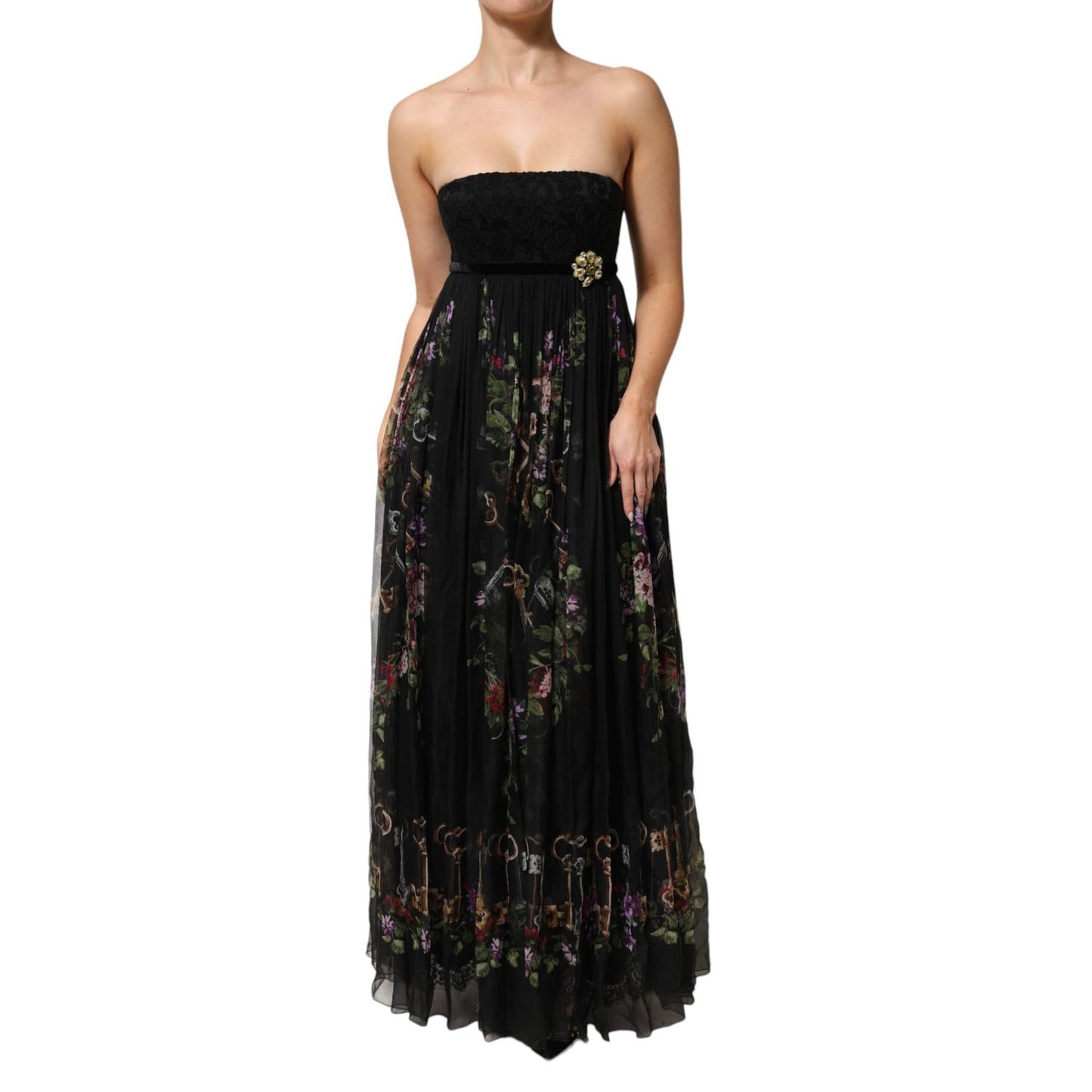 Dolce & Gabbana Black Floral Key Print Crystal Strapless Dress