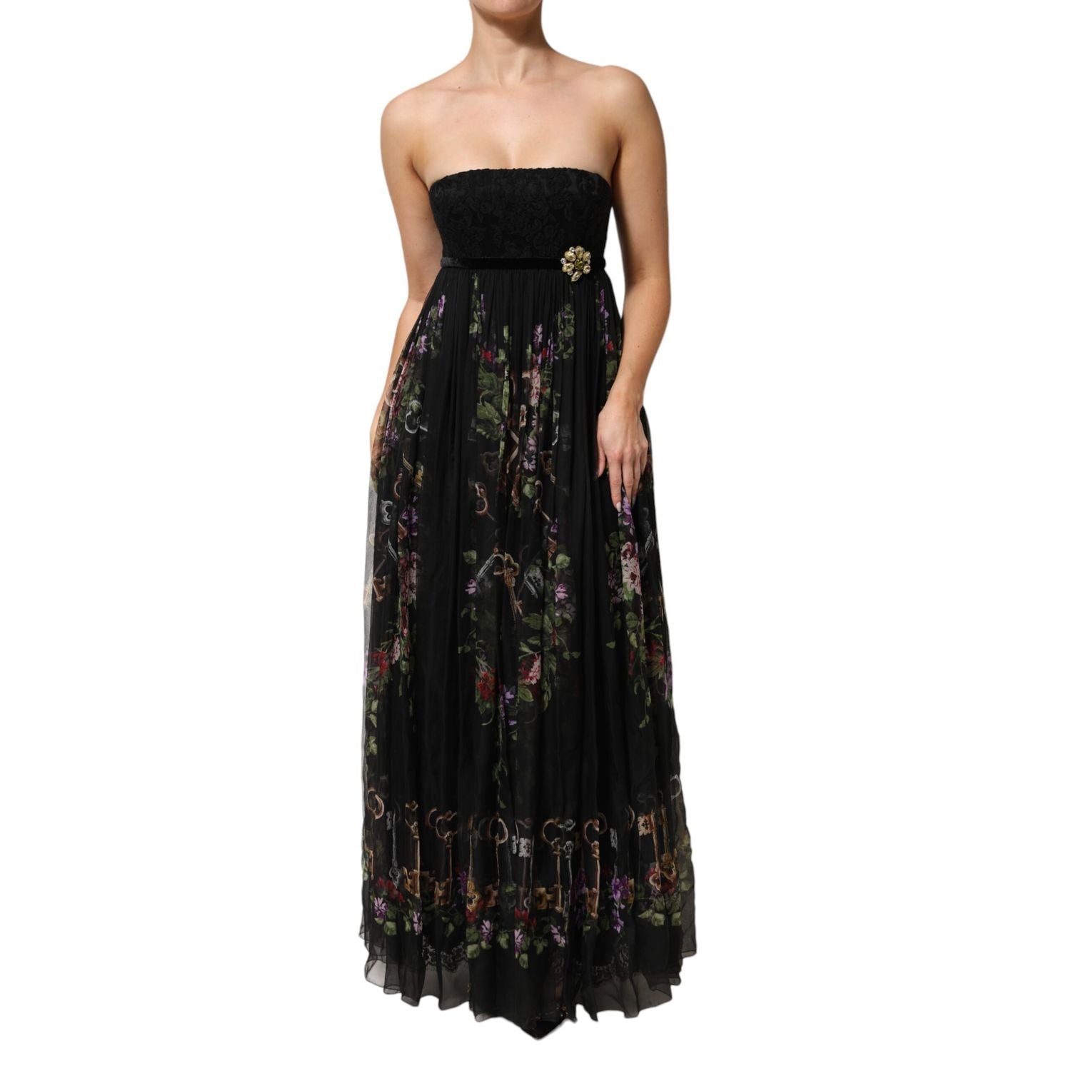 Dolce & Gabbana Black Floral Key Print Crystal Strapless Dress