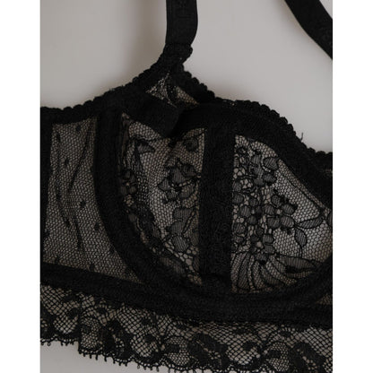 Dolce & Gabbana Black Floral Lace Nylon Balconcino Bra Underwear with lace detail, elegant design, and Italian craftsmanship.