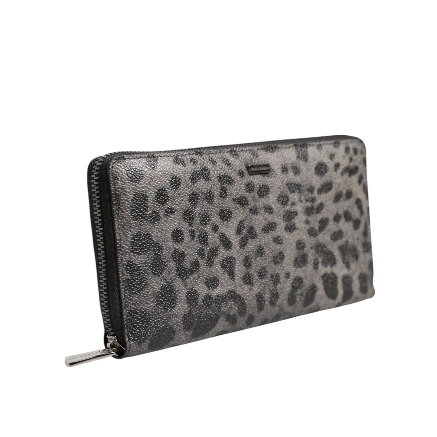 Dolce & Gabbana Black Gray Leopard Leather Zip Around Continental Wallet