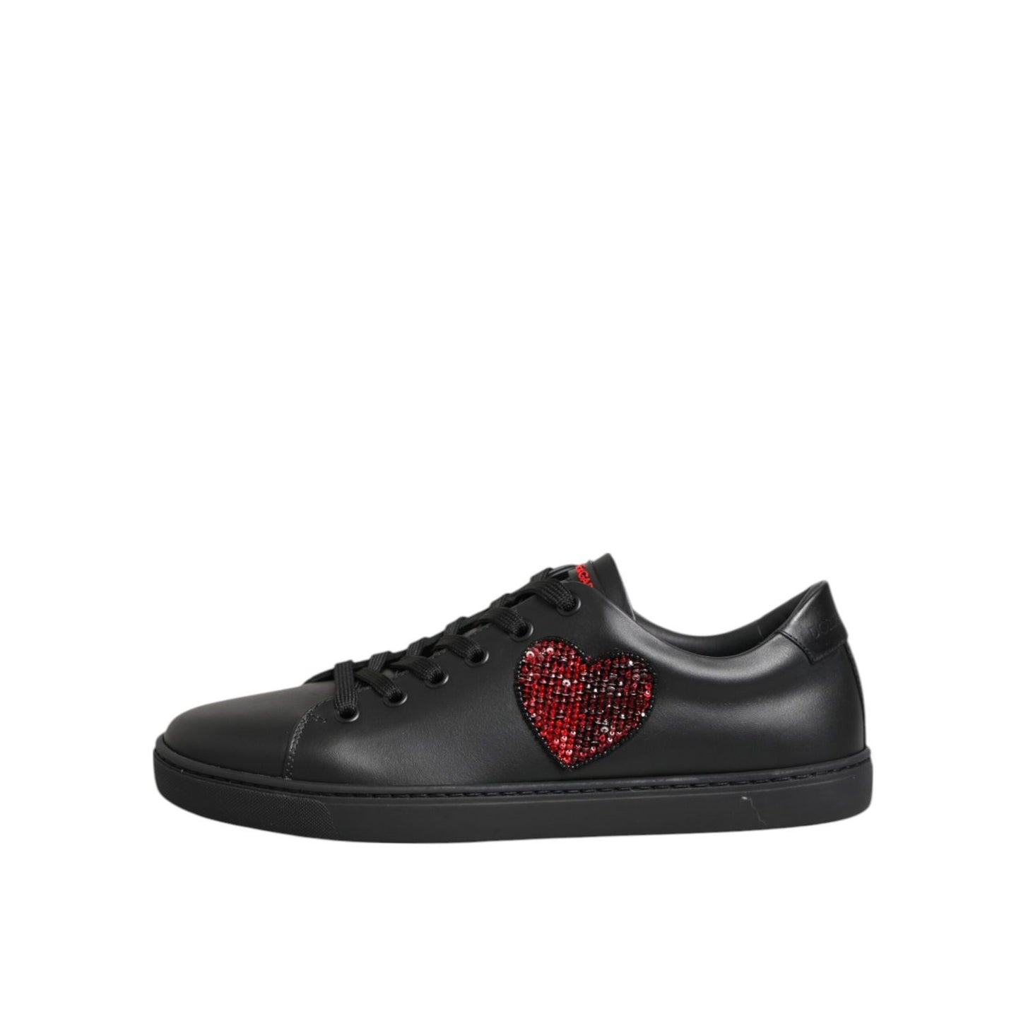 Dolce & Gabbana Black Leather Crystal Heart Low Top Sneakers Shoes
