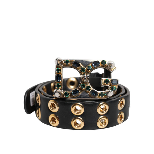 Dolce & Gabbana Black Leather Eyelet Crystal DG Buckle Belt