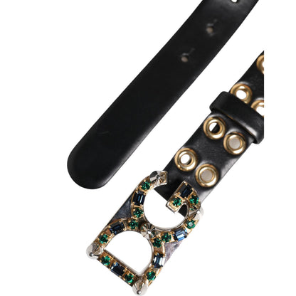 Dolce & Gabbana Black Leather Eyelet Crystal DG Buckle Belt