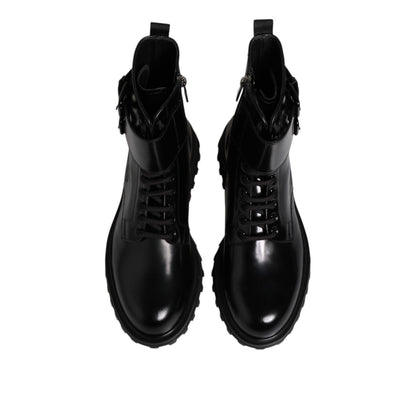 Dolce & Gabbana Black Leather Lace Up Mid Calf Boots Shoes, authentic high craftsmanship men's Italian footwear.