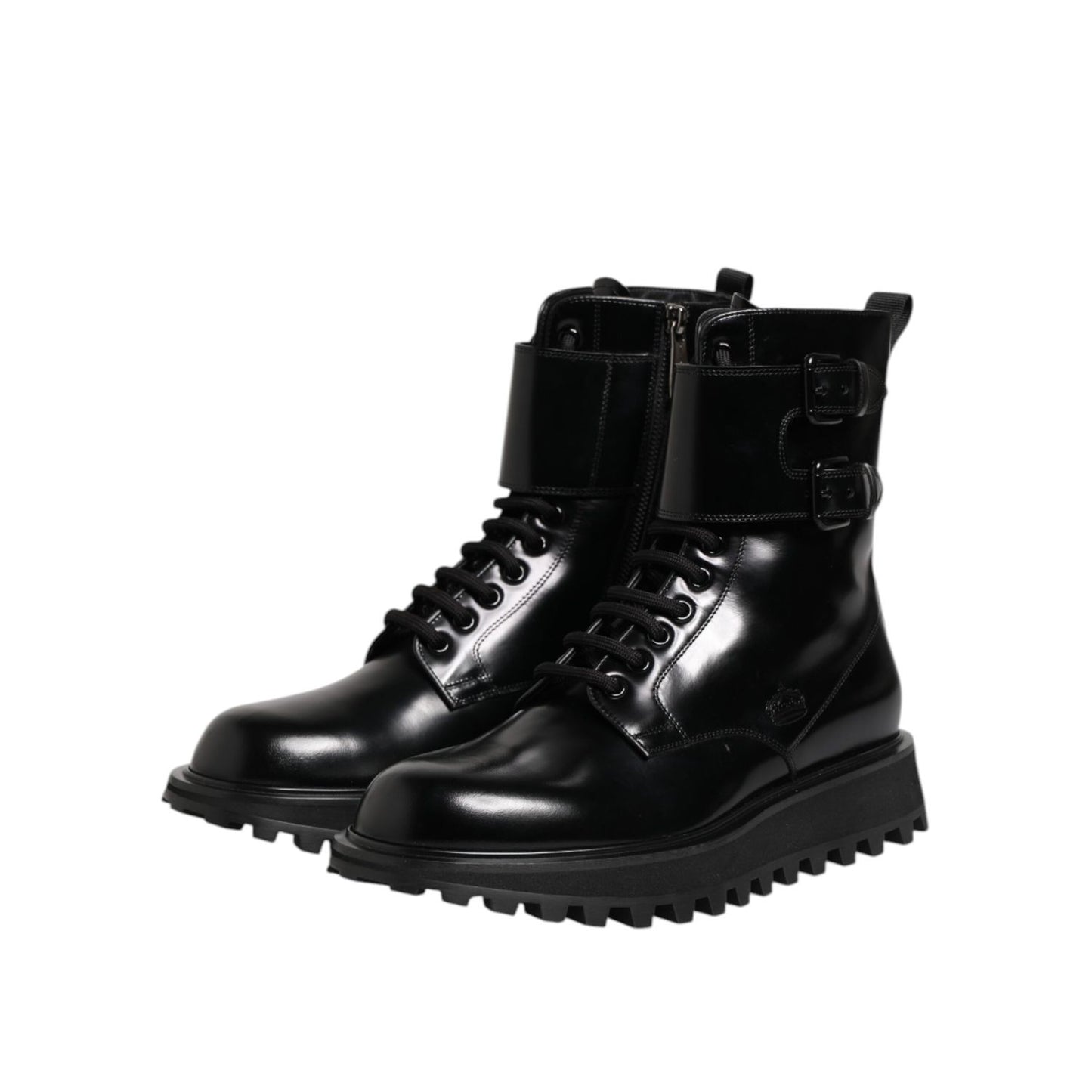 Dolce & Gabbana Black Leather Lace Up Mid Calf Boots Shoes, genuine calf leather, with logo details, made in Italy, exclusive craftsmanship.