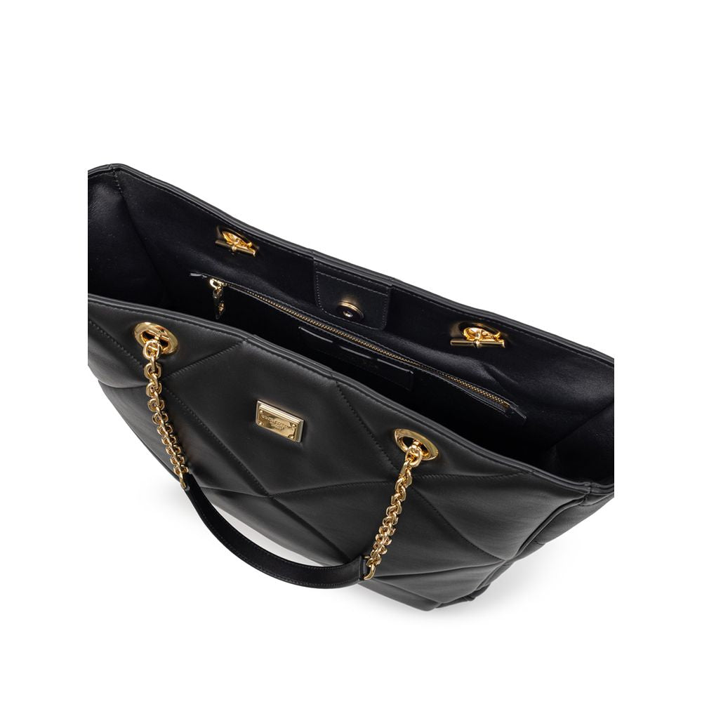 Dolce & Gabbana Black Leather Matelassé Tote Bag with gold chain handles and logo tag, showing interior compartments and snap button closure.