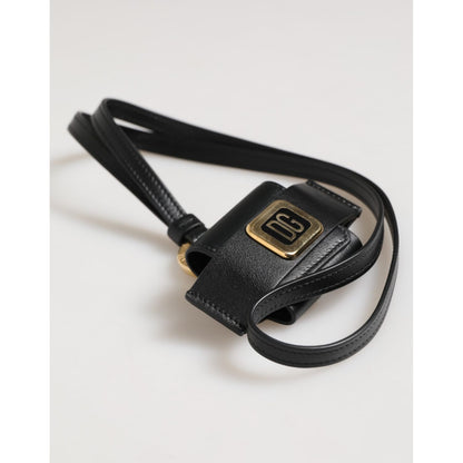 Dolce & Gabbana Black Leather Strap Gold Metal DG Logo Plaque Airpods Case