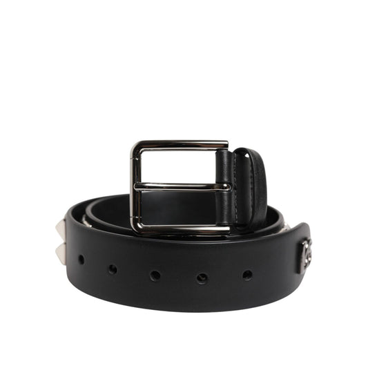 Dolce & Gabbana Black Leather Studded DG Metal Buckle Belt