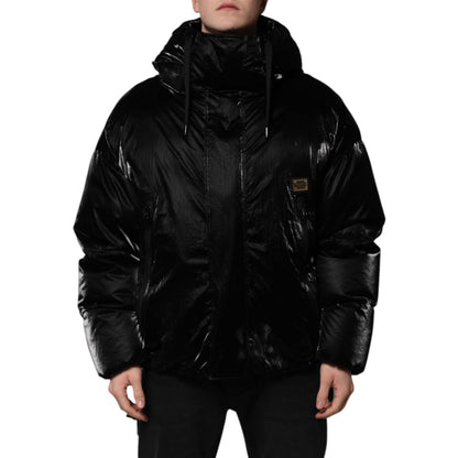 Dolce & Gabbana Black Logo Full Zip Hooded Quilted Jacket displayed on a model