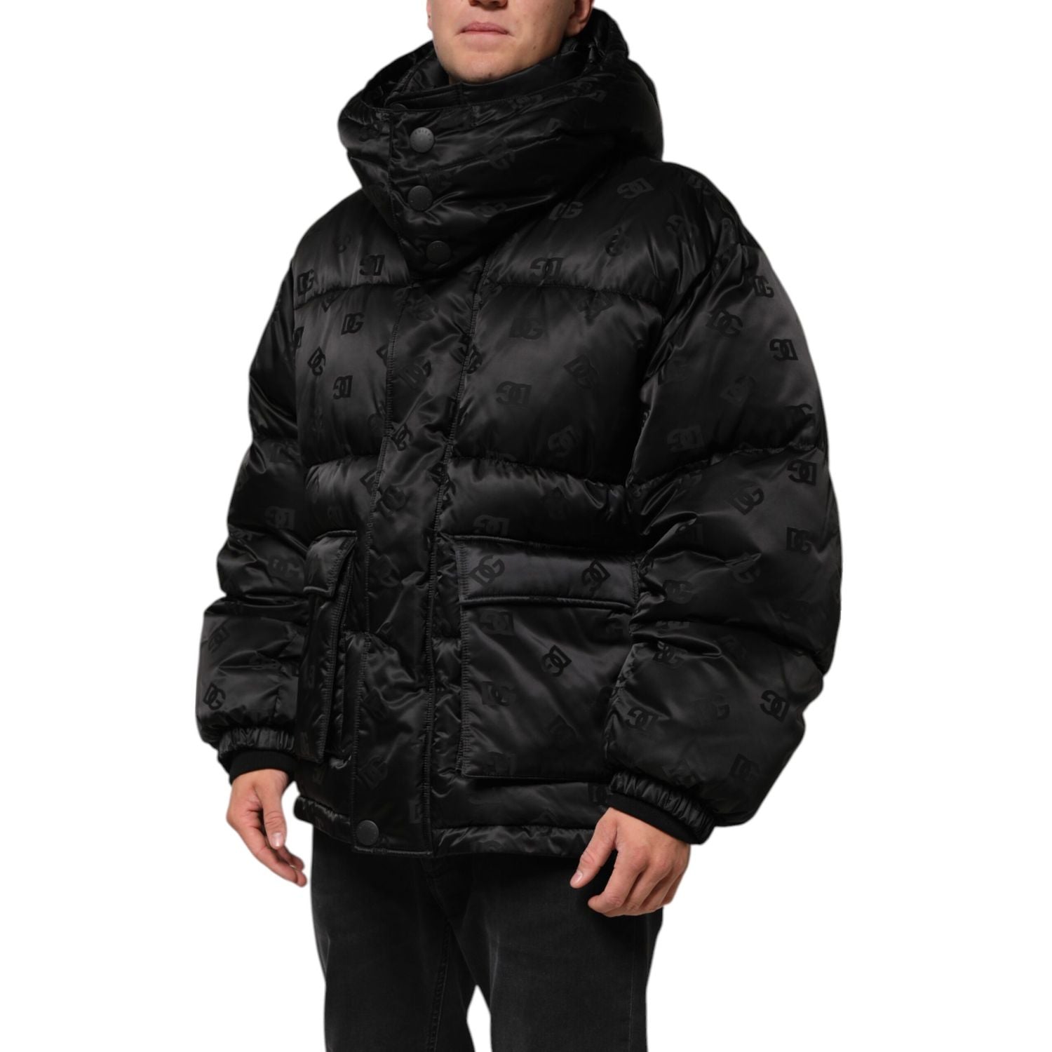 Dolce & Gabbana Black Monogram Logo Puffer Nylon Hooded Jacket