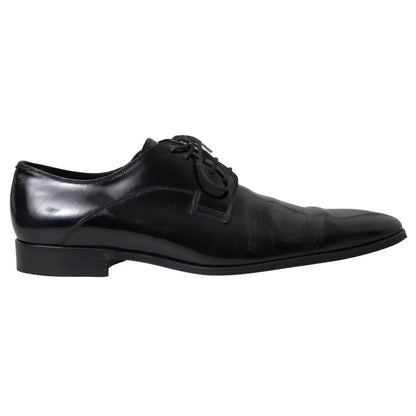 Dolce & Gabbana Black Polished Leather Formal Dress Shoes, luxury men's footwear with logo details, made in Italy.