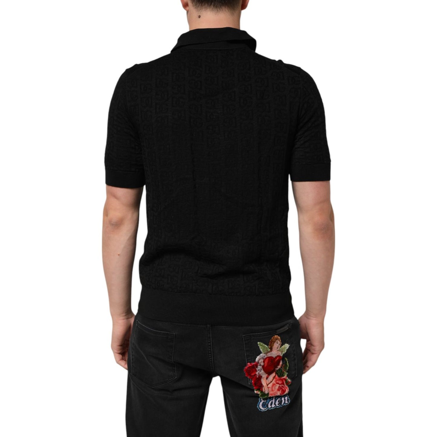 Dolce & Gabbana Black Silk Jacquard DG Polo Shirt T-shirt