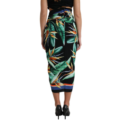 Dolce & Gabbana Black Strelitzia High Waist Wrap Midi Skirt