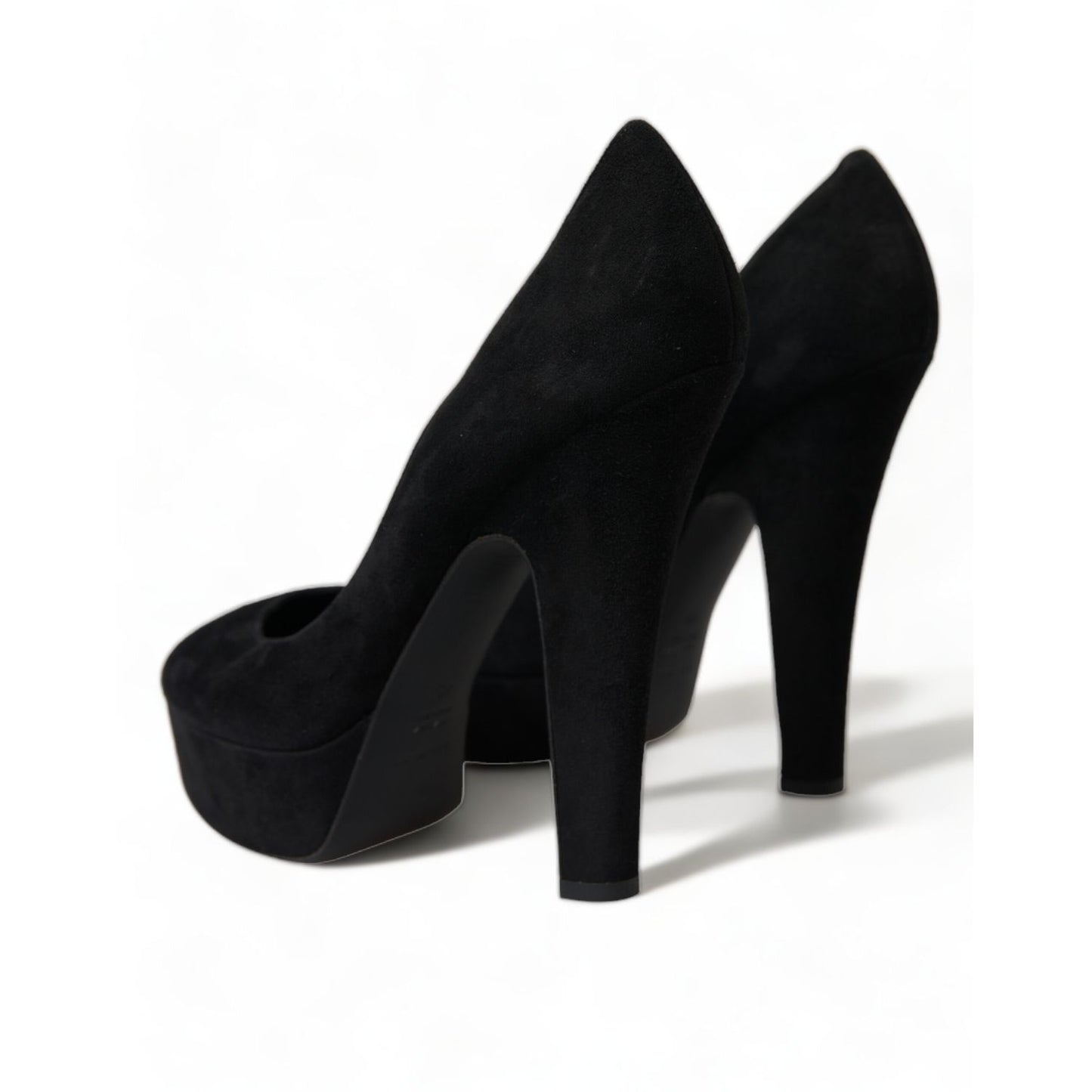 Dolce & Gabbana Black Suede Leather Platform Heel Pumps Shoes featuring covered platform and column heel in luxurious suede.