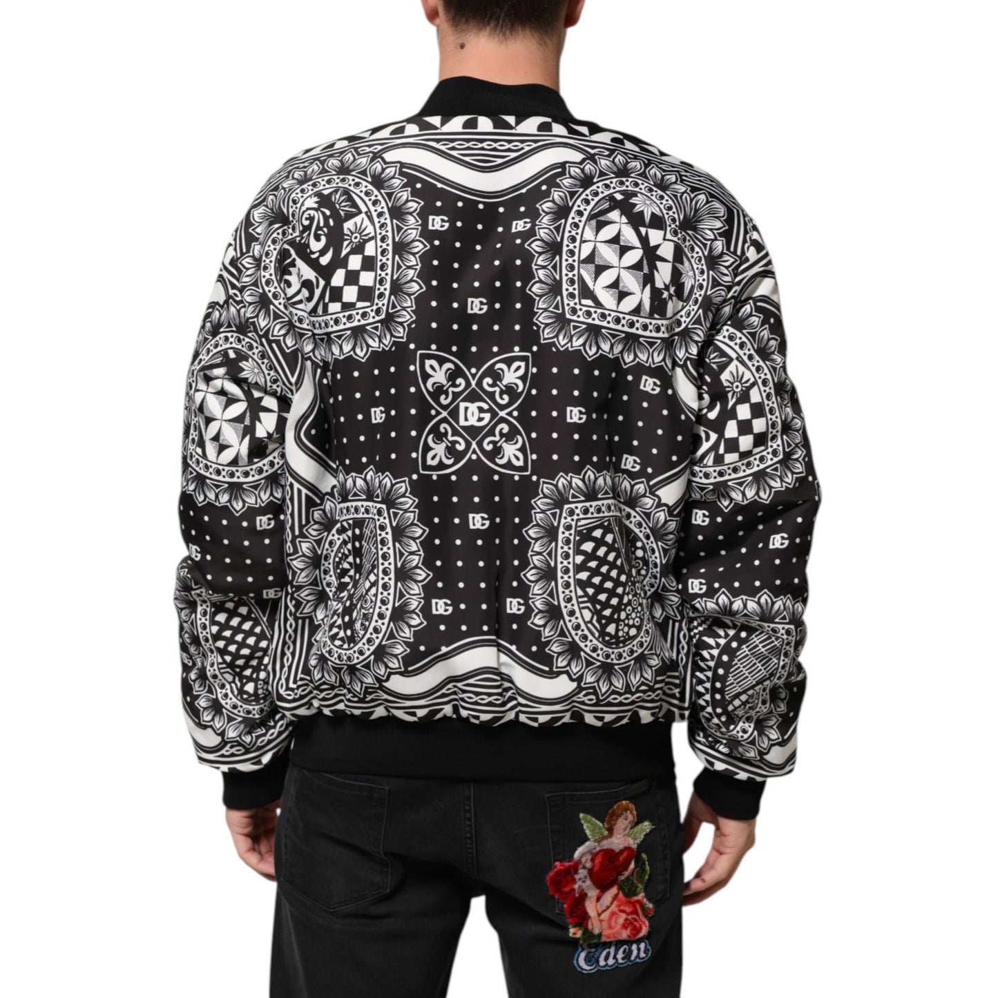 Dolce & Gabbana Black White Bandana Print Bomber Jacket