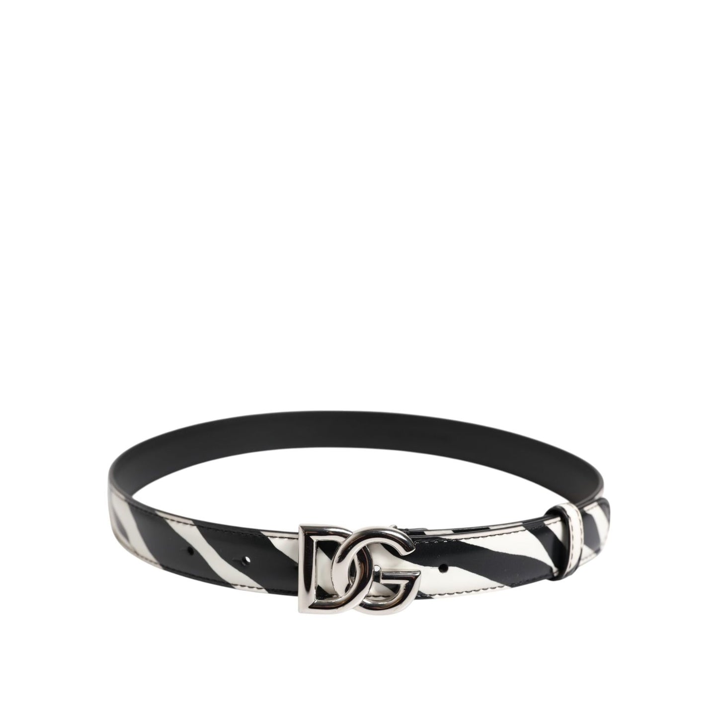Dolce & Gabbana Black White Leather Silver Metal Buckle Belt